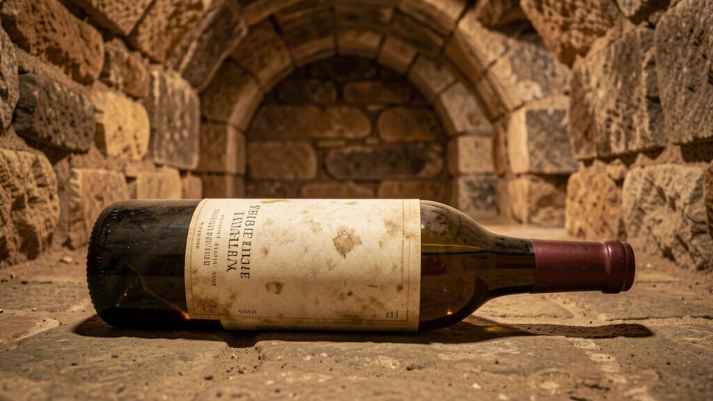 Vieille bouteille de vin dans une cave, niveau de vin visible sous le bouchon
