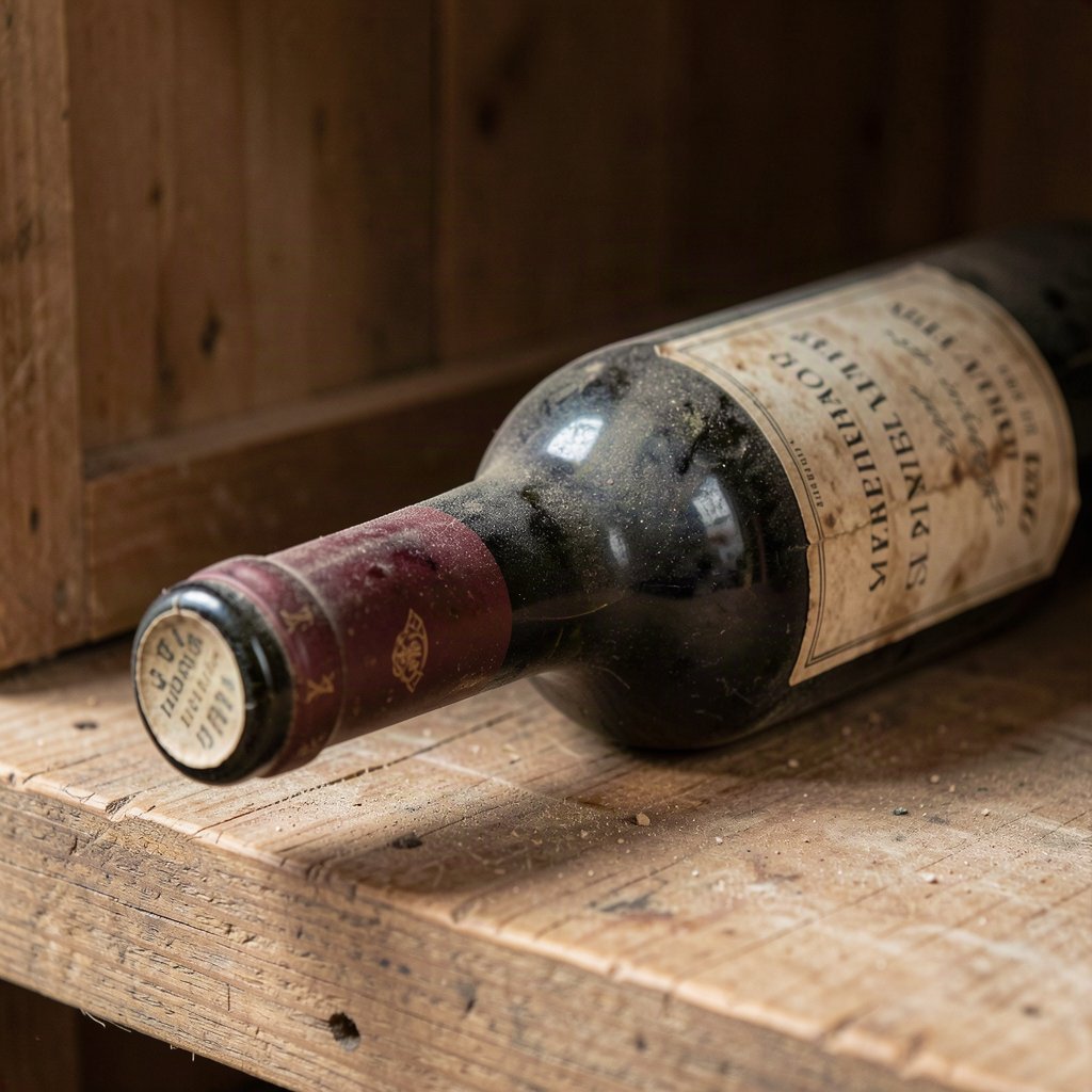 5 signes qu'une bouteille ne vaut plus grand-chose 1 Gros plan sur le niveau de vin et la capsule d'une vieille bouteille en cave