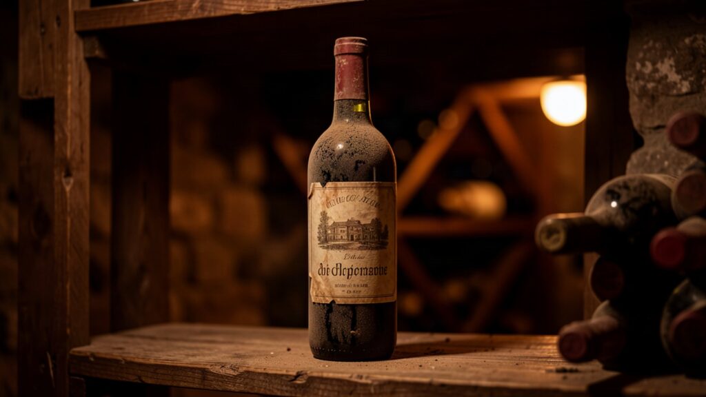 Vieille bouteille de vin poussiéreuse dans une cave ancienne