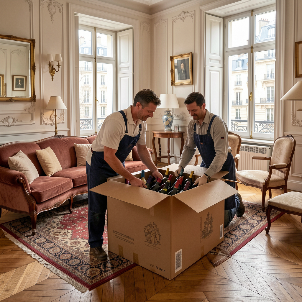 Vendre vin Paris : carré 2 Bouteilles de vin emballées dans un salon parisien
