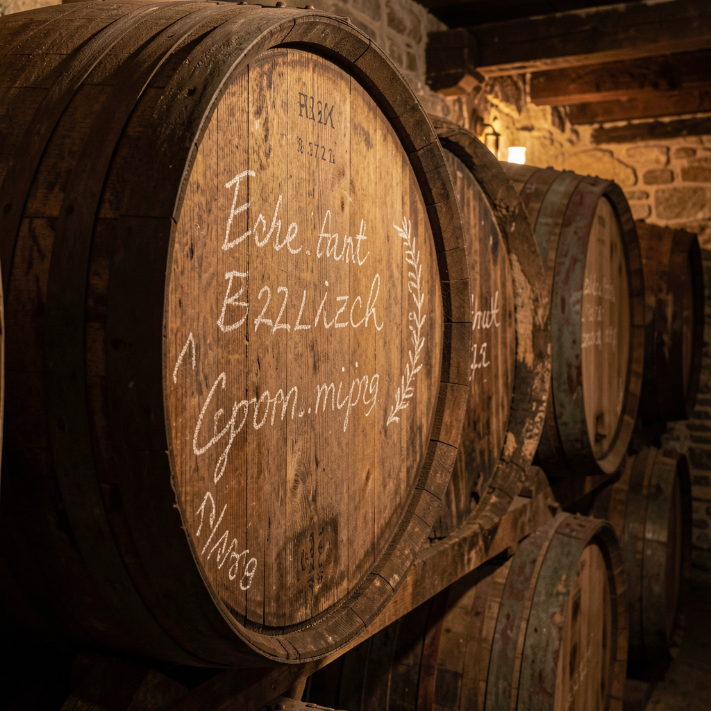 Vendre cognac : carré 2 Fûts de cognac anciens dans un chai traditionnel