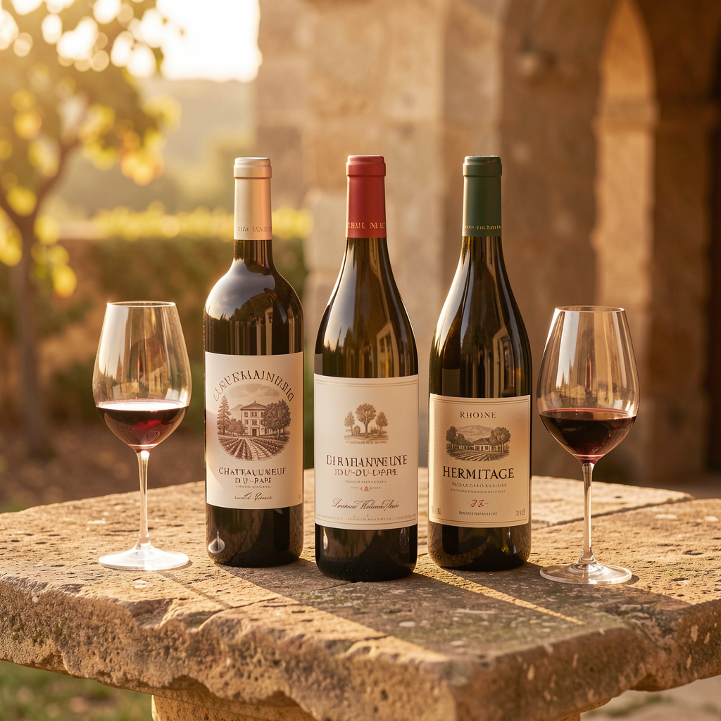 Vendre vin Rhône : carré 1 Bouteilles de vin du Rhône sur une table en pierre