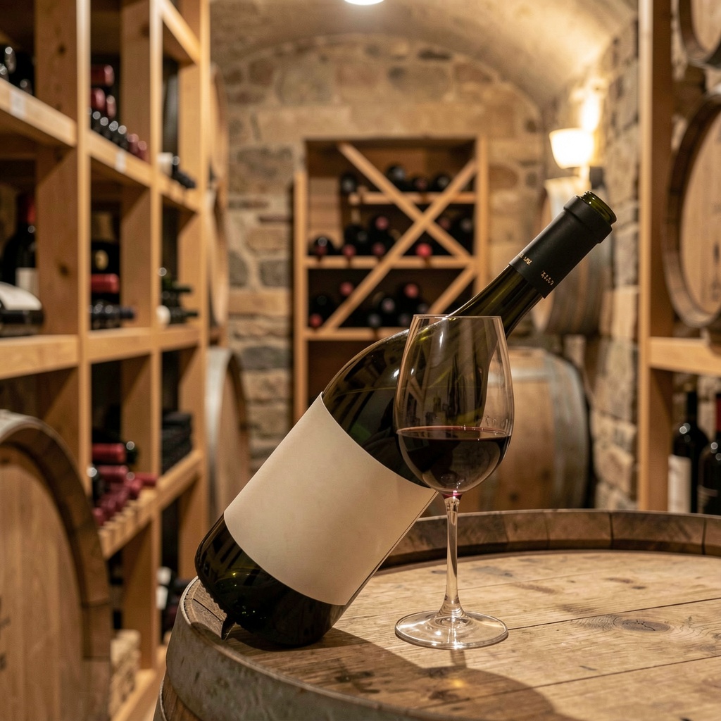 Bouteilles de Bourgogne et verre dans une cave