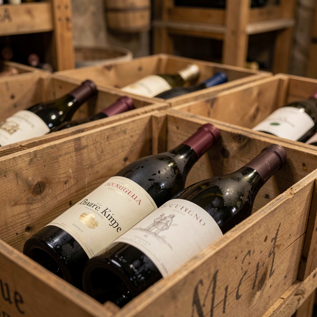 Bouteilles de Bourgogne rangées en cave