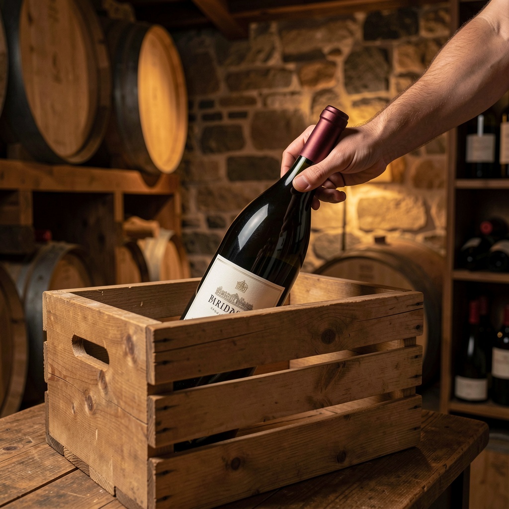Vendre son vin de Bordeaux : 1ers crus, Médoc, Saint-Émilion 2 Bouteille de Bordeaux sortie d'une caisse en bois