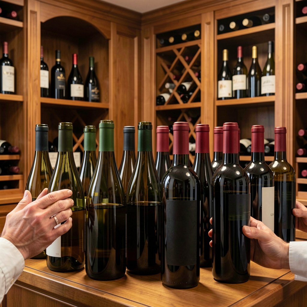 Négociant courtier vin carré 1 Professionnel du vin examinant des bouteilles