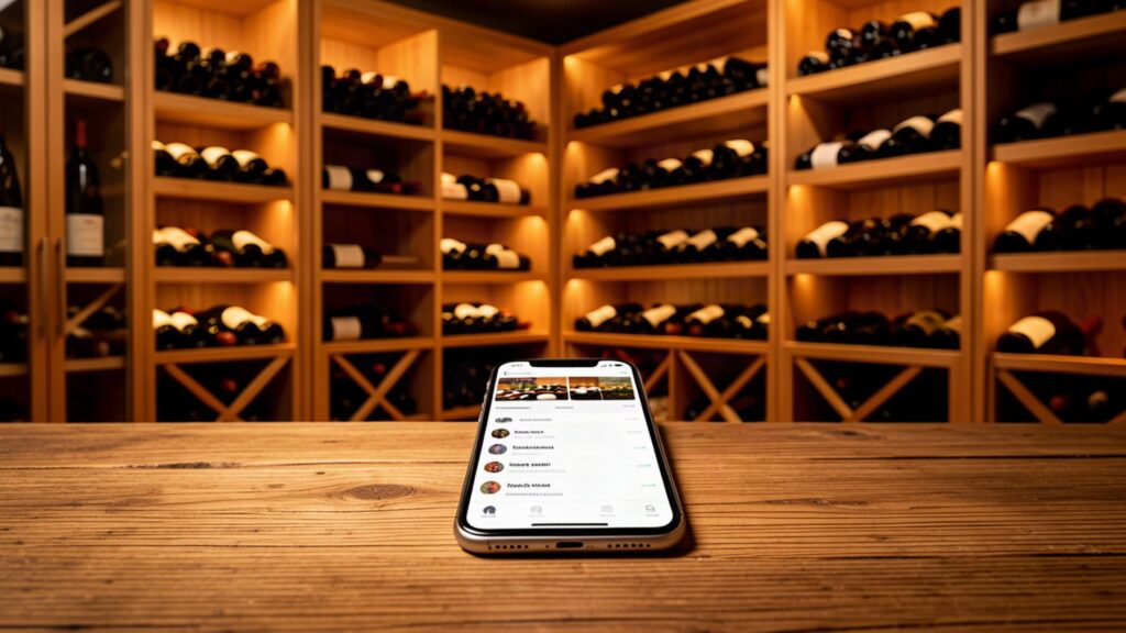 Application de gestion de cave a vin sur smartphone avec bouteilles en arriere-plan