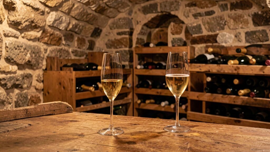 Deux verres de champagne dans une cave, illustration photographique