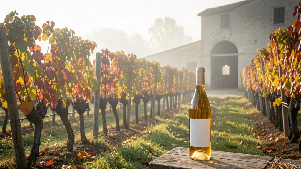 Vignoble de Barsac et bouteille de vin liquoreux doré