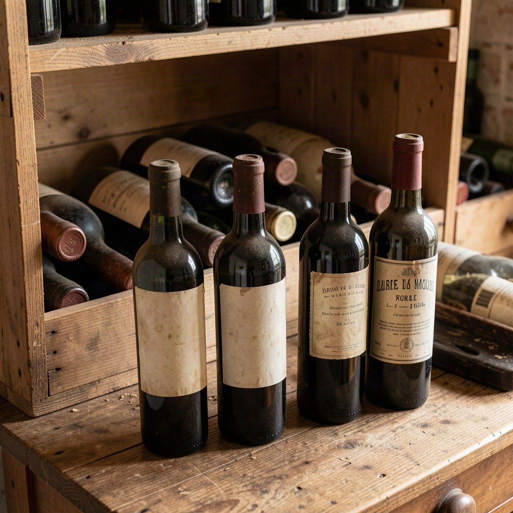 Bouteilles de vin fermées réunies devant les casiers pour préparer le tri d'une cave