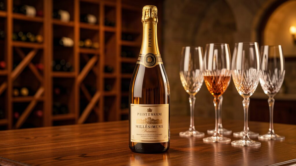 Bouteille de champagne Bollinger prestige dans une cave à vin