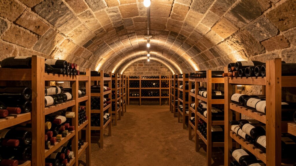 Cave à vin enterrée traditionnelle avec voûte en pierre et casiers à bouteilles