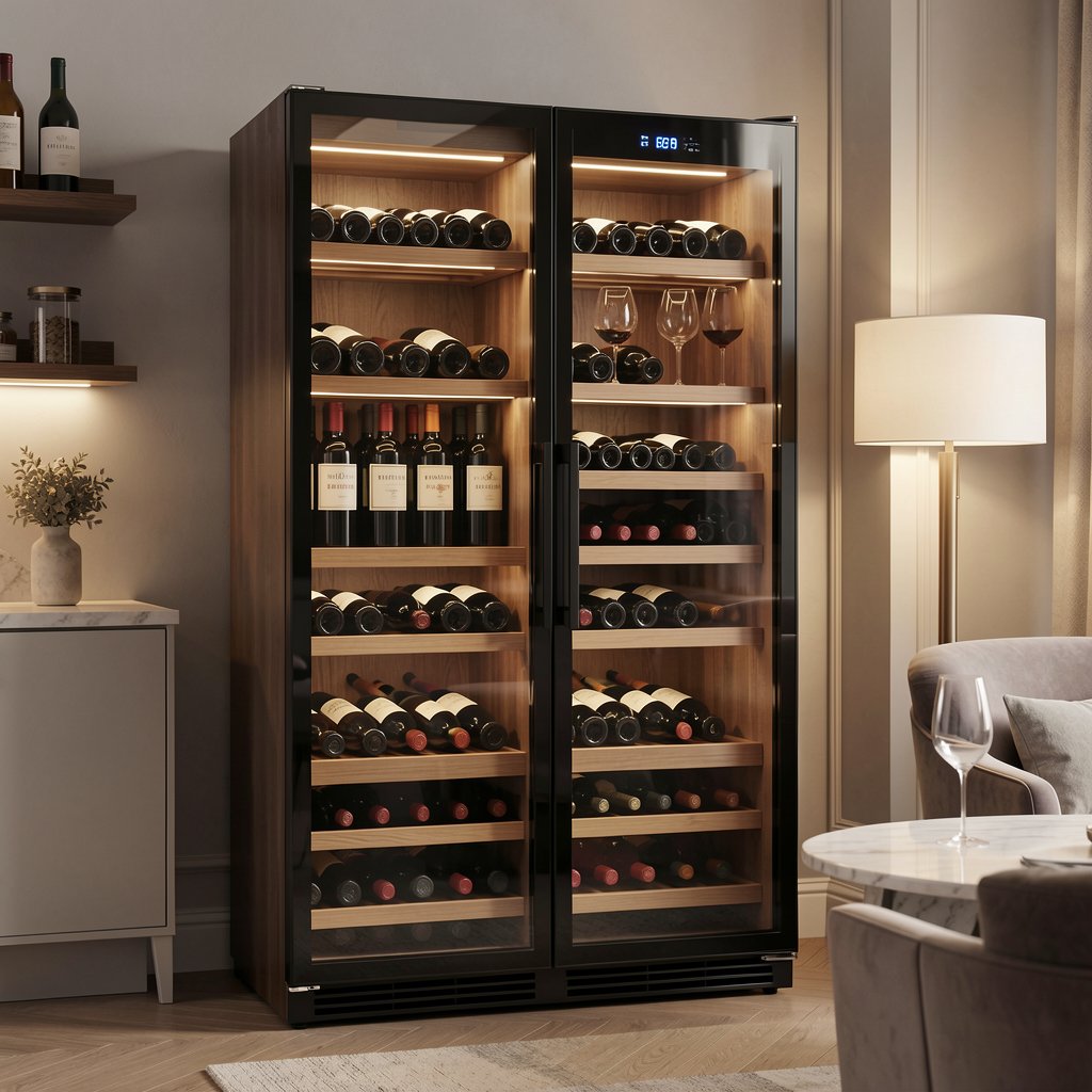 Armoire à vin électrique moderne avec porte vitrée et rangements en bois
