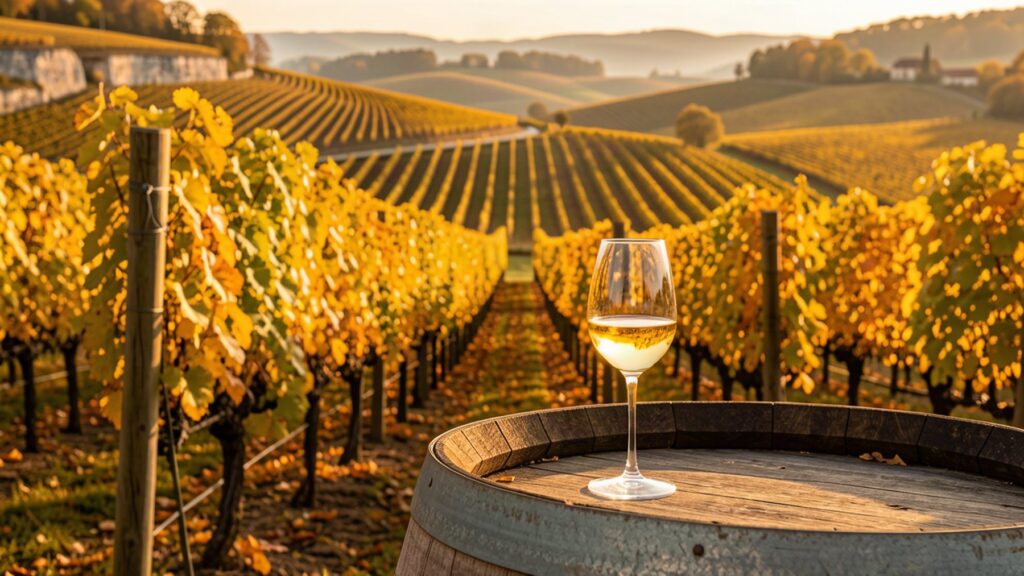 Vignoble de Chardonnay en Bourgogne au soleil couchant