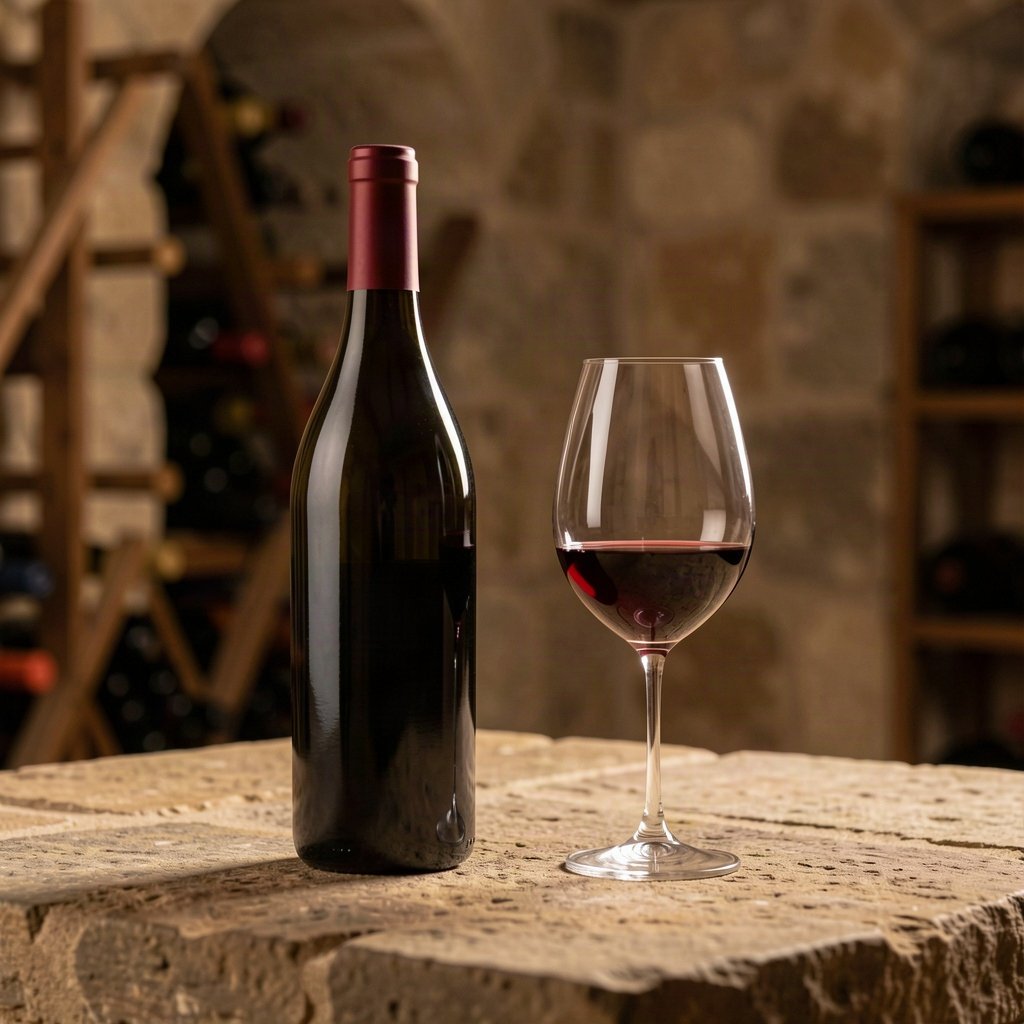 Le Gamay : profil, régions et vins de garde 1 Bouteille de vin rouge et verre de dégustation dans une cave