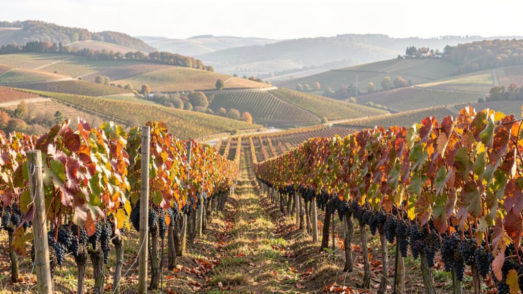 Vignes et raisins noirs dans un paysage de coteaux, illustration photographique du Gamay