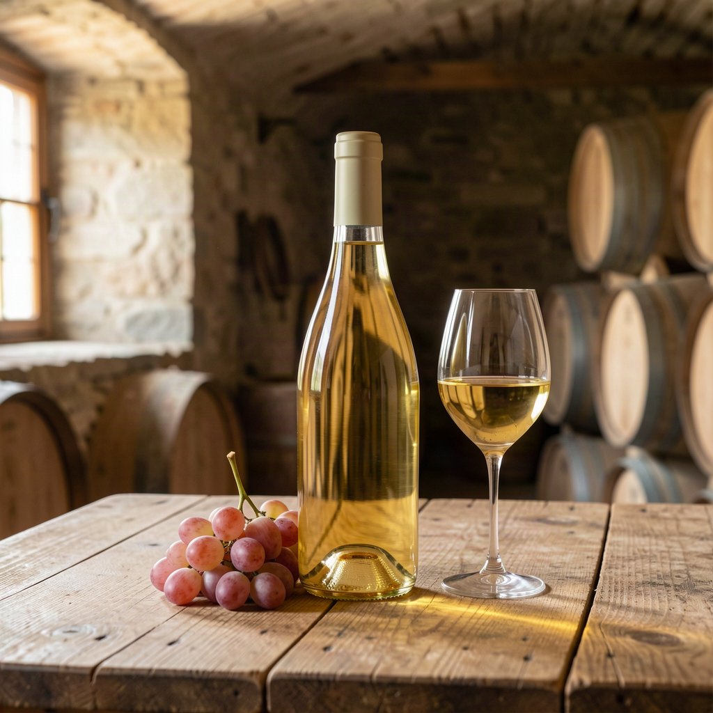 Le Gewurztraminer : profil, régions et vins de garde 1 Bouteille de Gewurztraminer et verre de vin blanc dans une cave