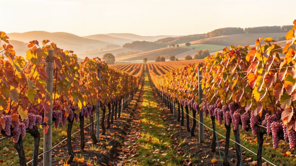 Vignoble de Gewurztraminer aux grappes roses en automne
