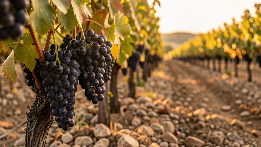 Grappes de Grenache noir dans un vignoble méditerranéen