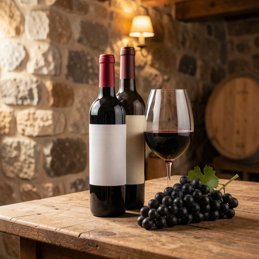 Bouteille de vin et verre entourés de Grenache noir dans une cave