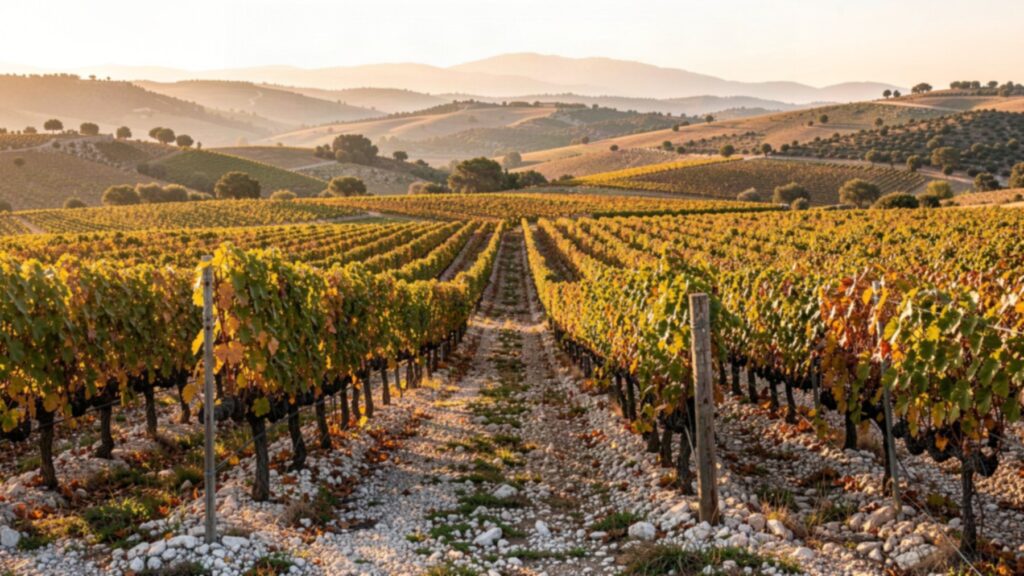 Vignoble méditerranéen sur un sol pierreux à la lumière du soir