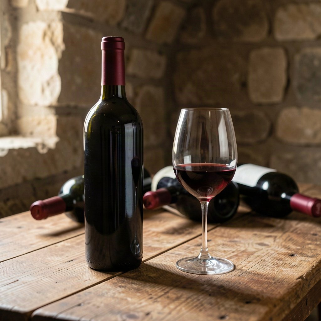 Le Mourvèdre : profil, régions et vins de garde 1 Bouteille et verre de vin rouge dans une cave en pierre