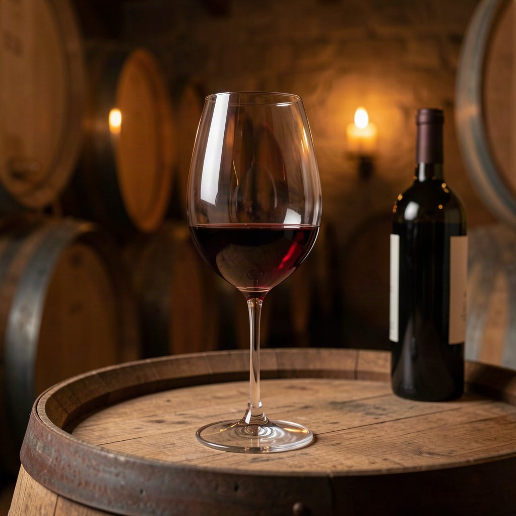 Verre de pinot noir dans une cave avec des fûts de chêne