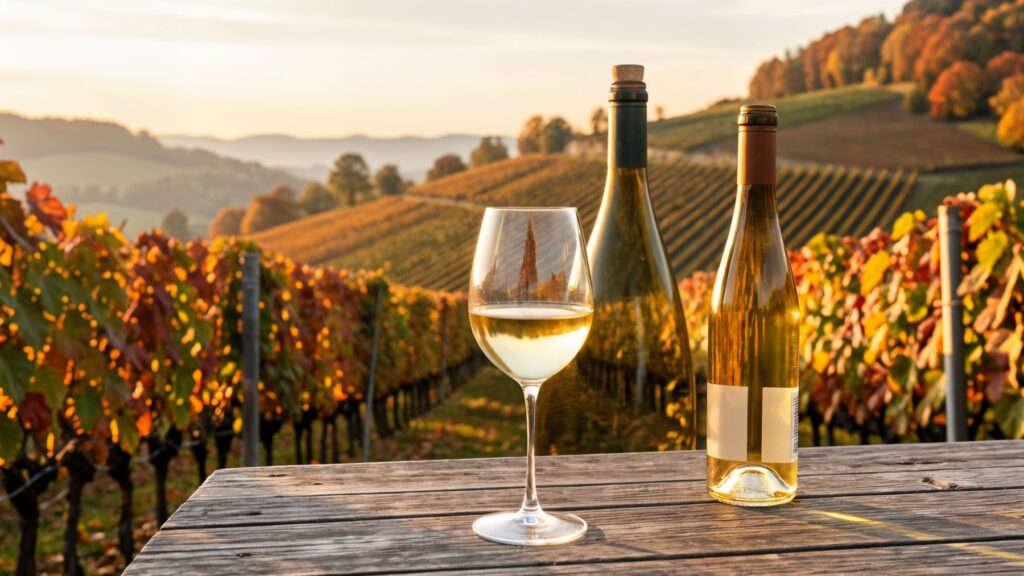 Bouteilles et verre de Riesling dans un vignoble