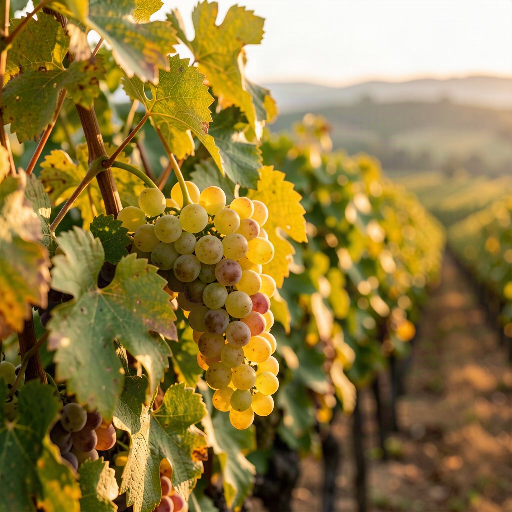 Grappe de Riesling mûre dans un vignoble au soleil