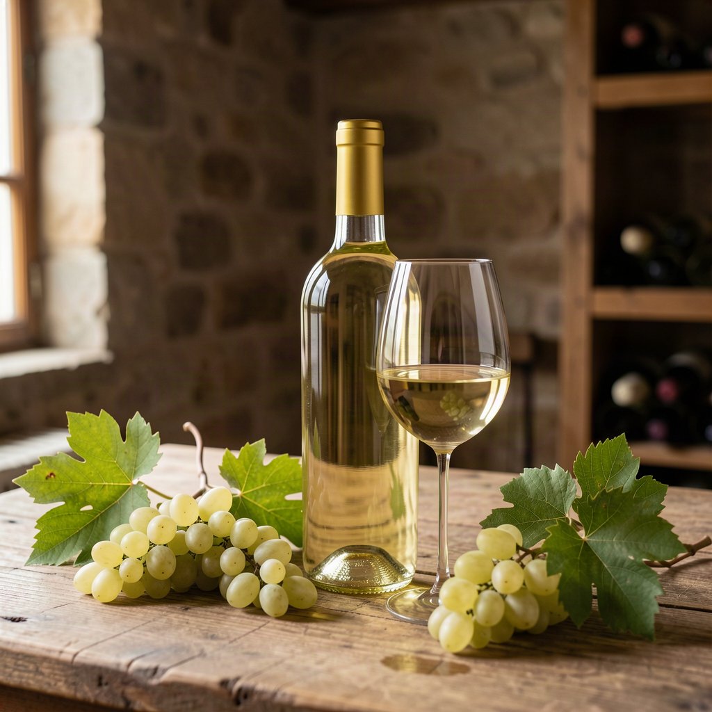 Le Sauvignon Blanc : profil, régions et vins de garde 1 Bouteille de Sauvignon Blanc et verre de vin blanc dans une cave