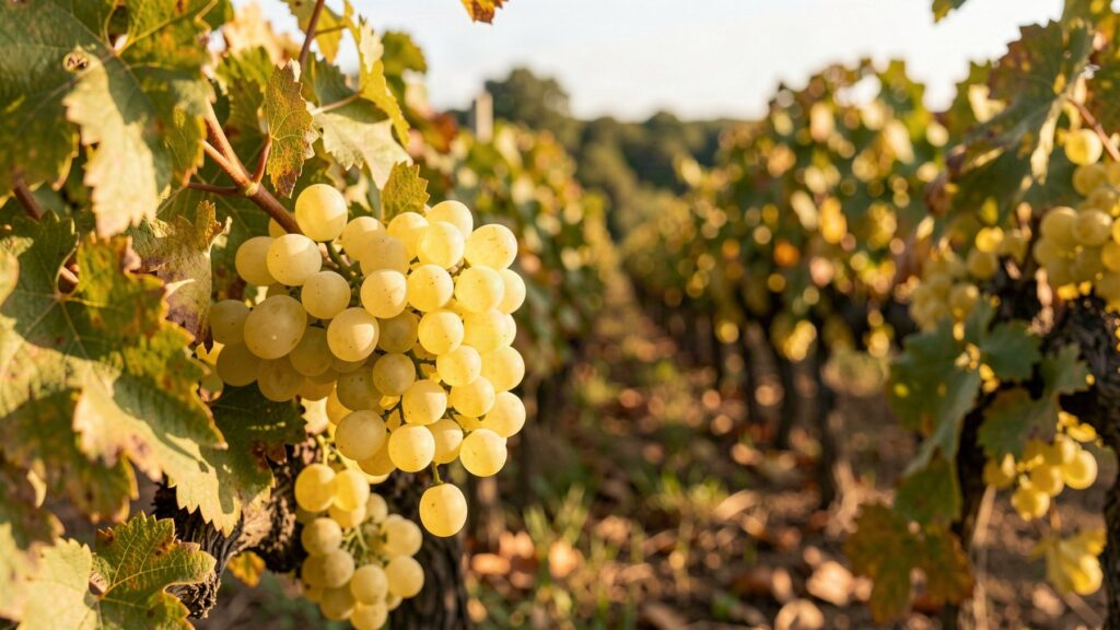 Grappe de raisin blanc doré dans un vignoble