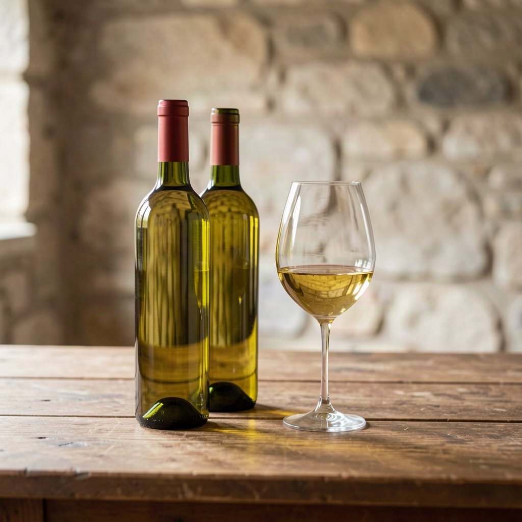Le Sémillon : profil, régions et vins de garde 1 Bouteilles de vin blanc et verre de vin doré dans une cave