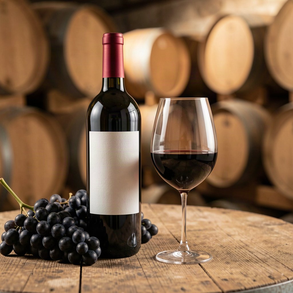 Bouteille et verre de vin rouge issus du cépage Syrah dans une cave