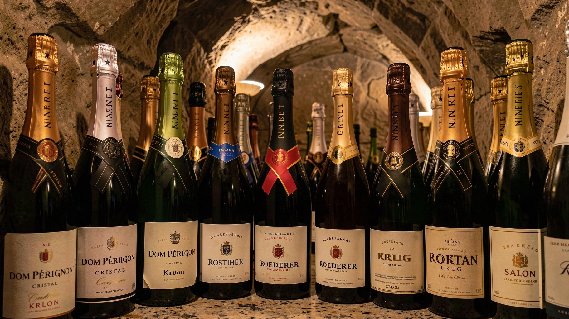 Cave à vin luxueuse bouteilles champagne prestige Dom Pérignon Cristal Roederer Krug Salon alignées