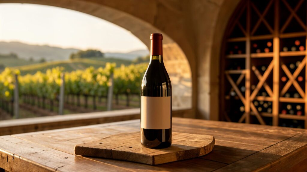 Bannière Château Angélus : bouteille de vin rouge et vignoble de Saint-Émilion