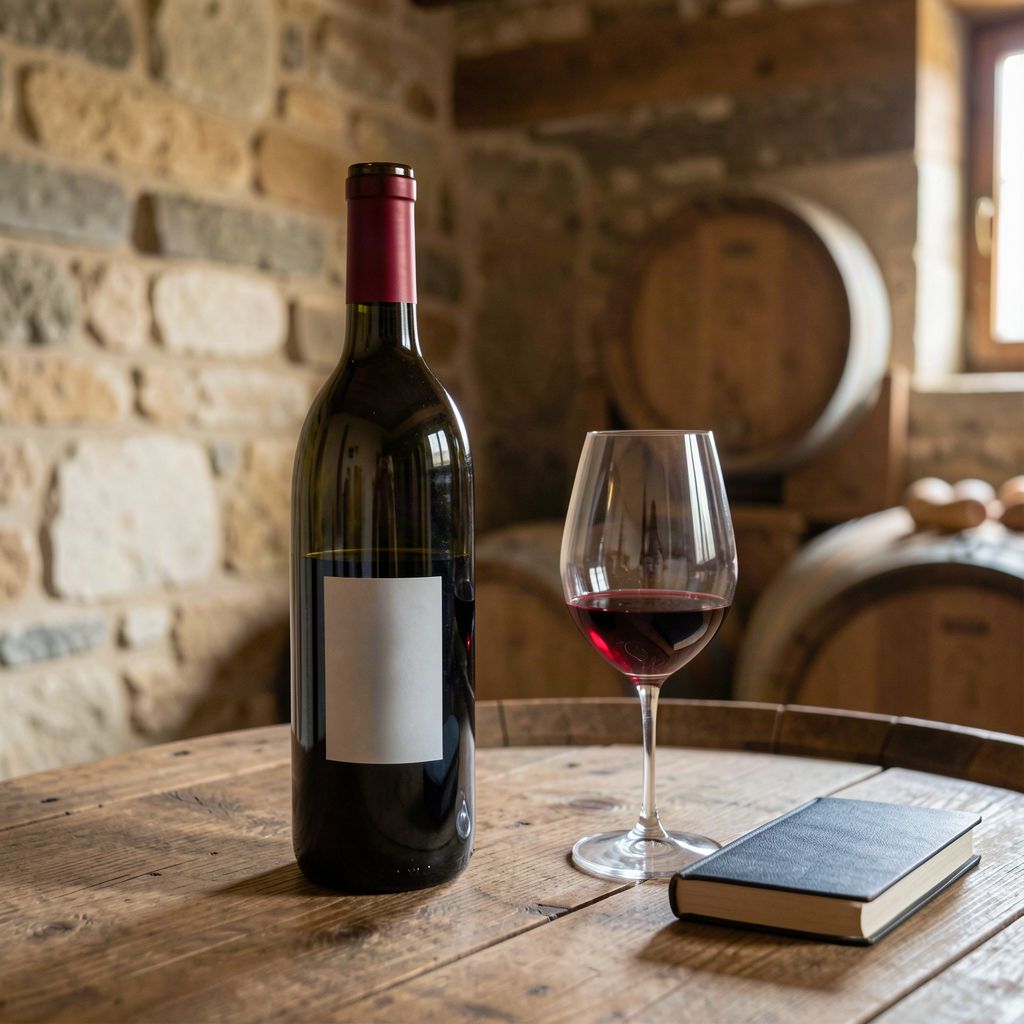 Château Angélus : histoire, millésimes phares et cote 1 Bouteille de vin rouge et verre dans une cave, illustration de la cote du Château Angélus