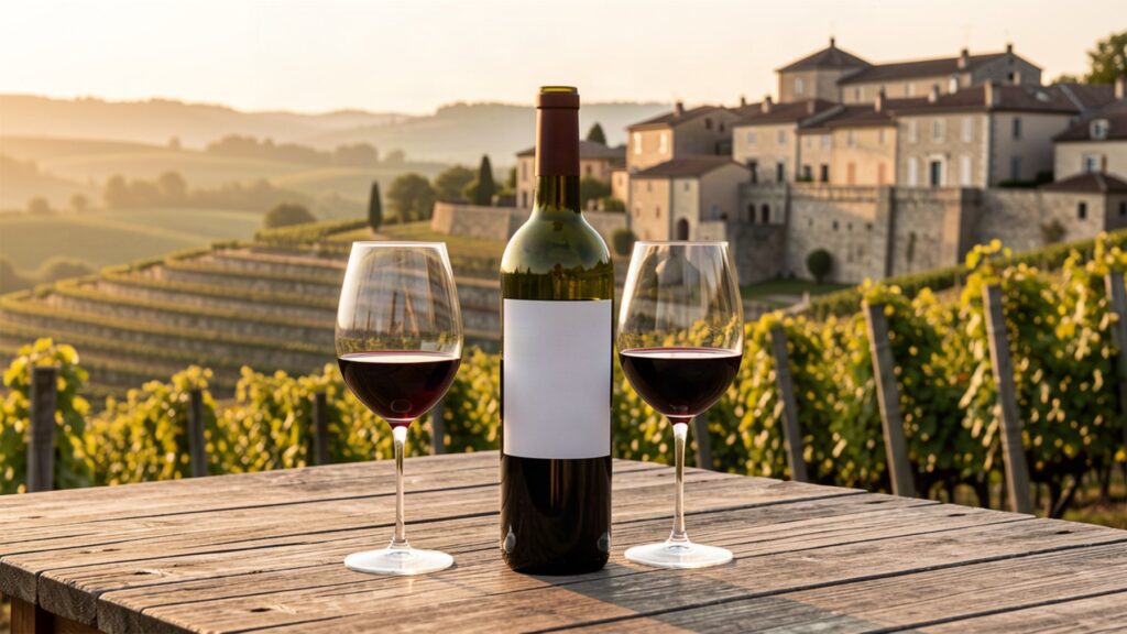 Bouteille de grand vin bordelais et vignoble de Saint-Émilion au coucher du soleil