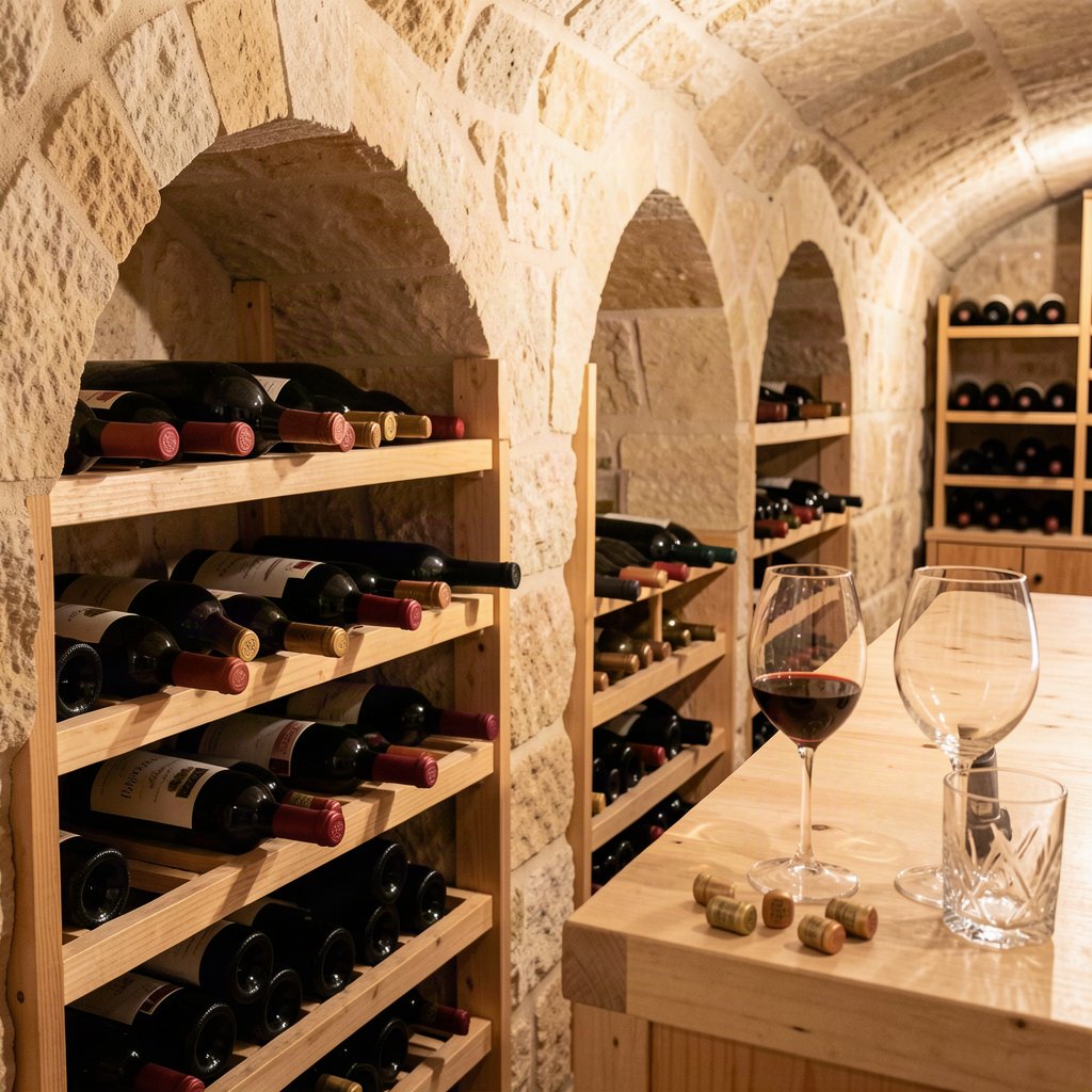 Bouteilles de grands vins de garde dans une cave en pierre calcaire