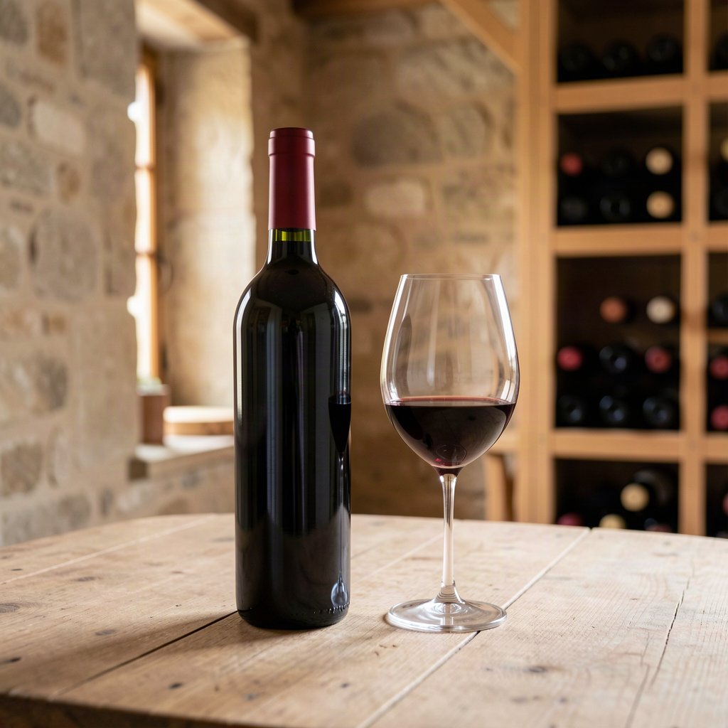 Bouteille de grand vin rouge et verre dans une cave bordelaise