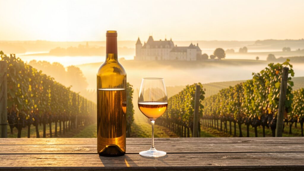 Bouteille de vin liquoreux et verre dans un vignoble de Sauternes au lever du soleil