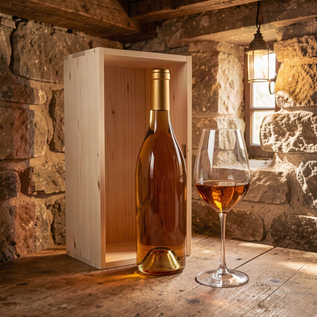 Bouteille de vin liquoreux doré et verre dans une cave en pierre