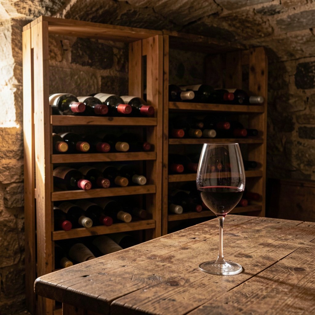Château Figeac : histoire, millésimes phares et cote 1 Bouteilles couchées dans une cave et verre de vin rouge, illustration des vins de garde