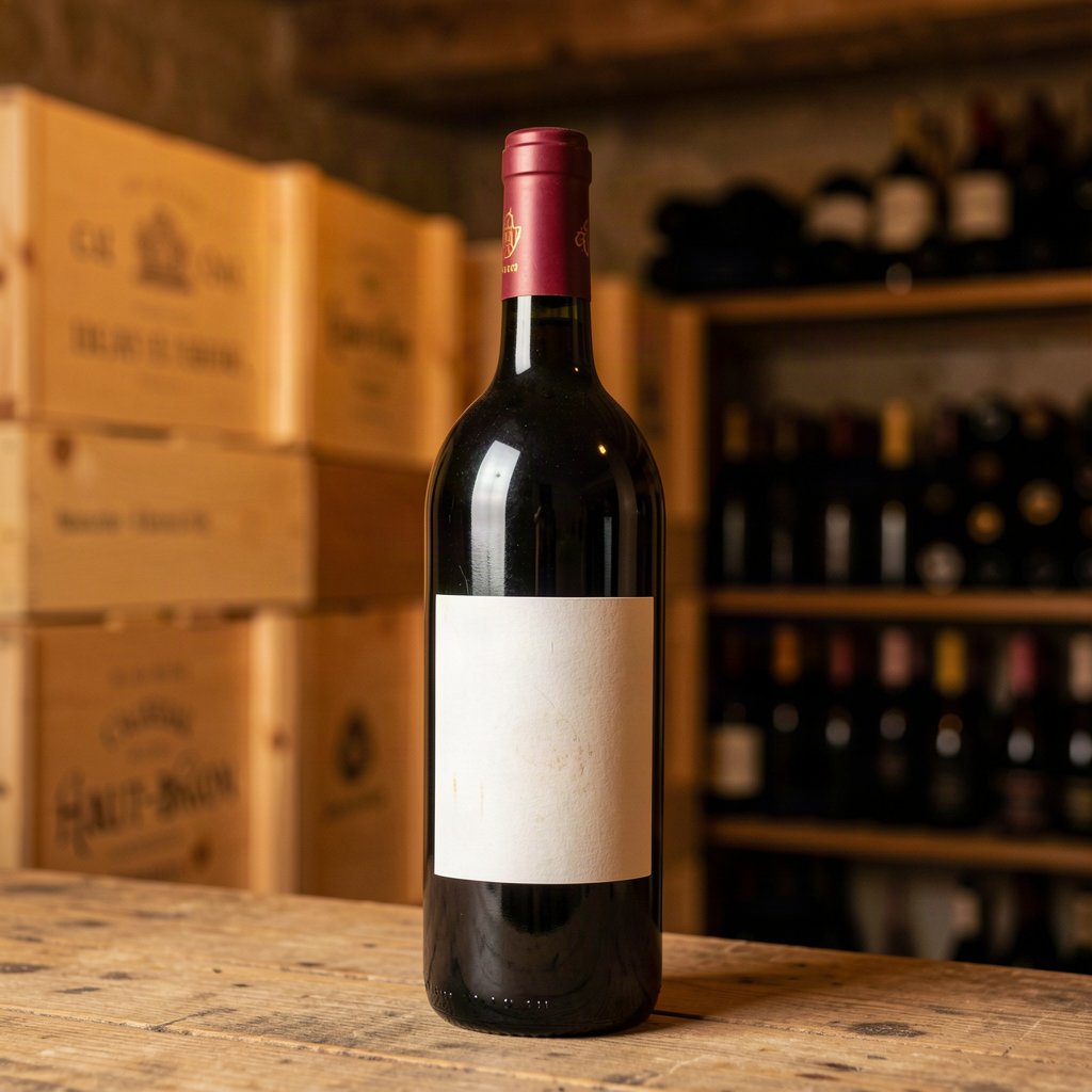 Bouteille de vin rouge bordelais dans une cave de vieillissement