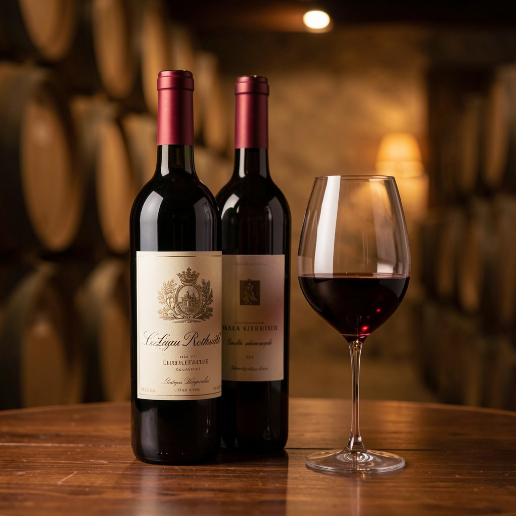 Bouteille de Château Lafite Rothschild et verre de dégustation