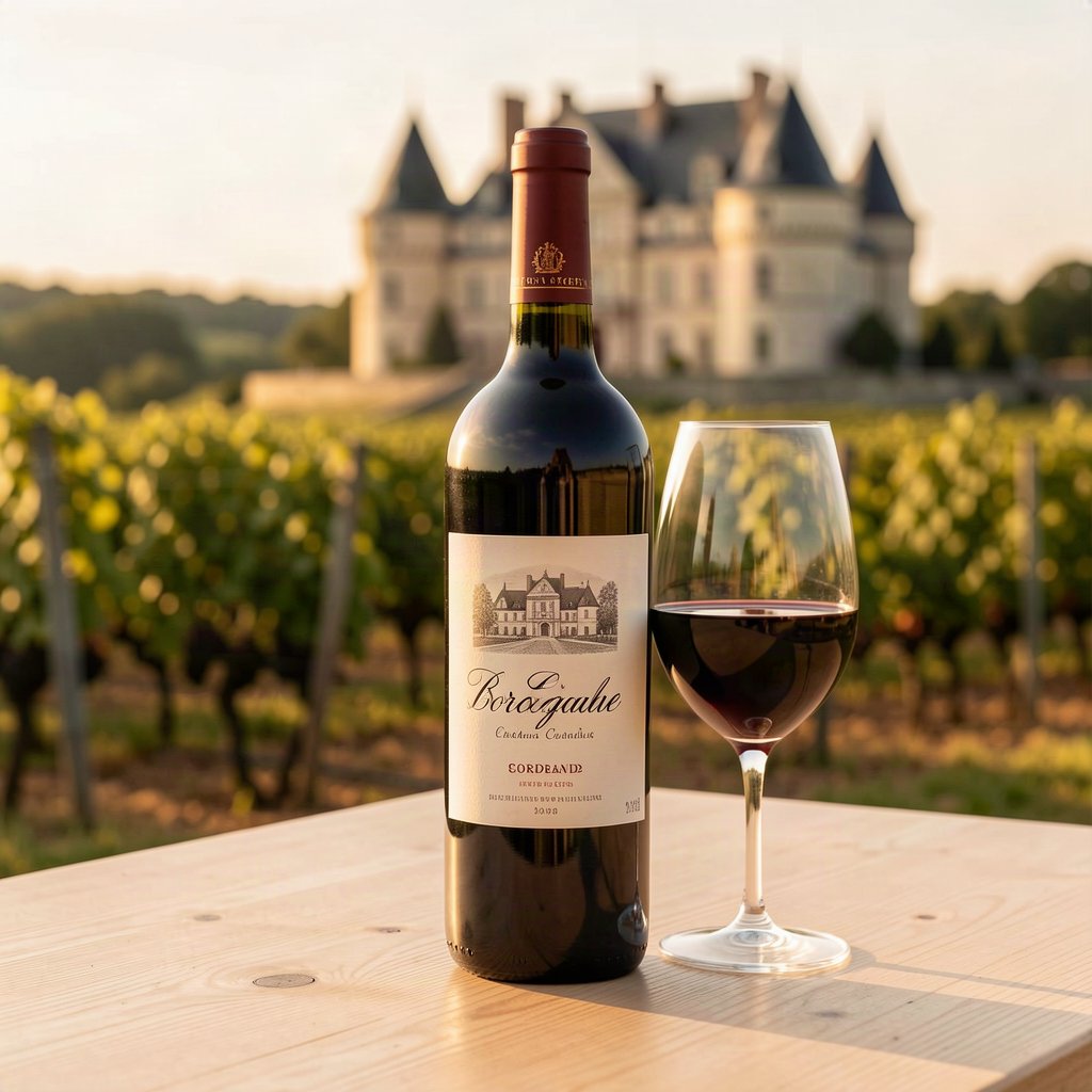 Bouteille de grand cru de Margaux posée devant un vignoble et un château