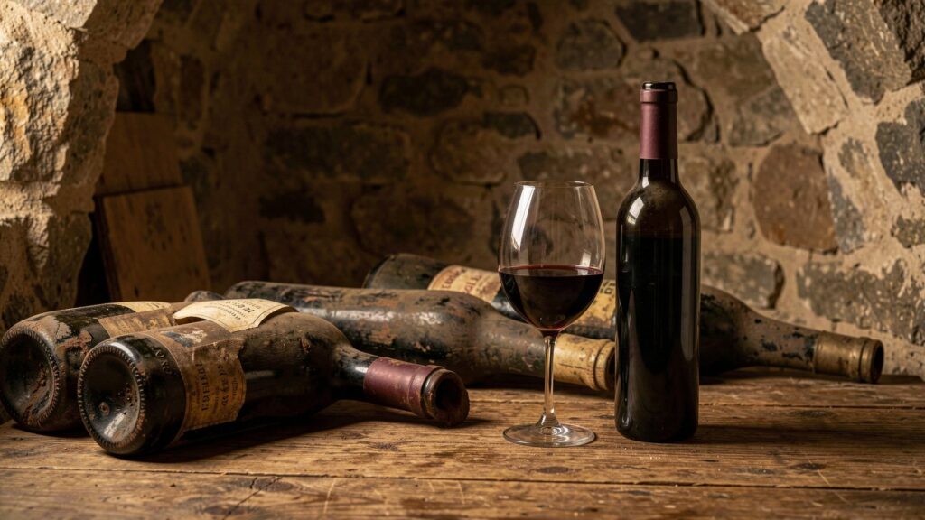 Bouteilles et verre de vin rouge dans une cave, illustration des vins de garde