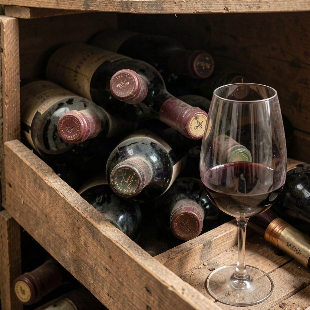 Château Palmer : histoire, millésimes phares et cote 1 Bouteilles couchées dans un casier de cave et verre de vin rouge, illustration de conservation