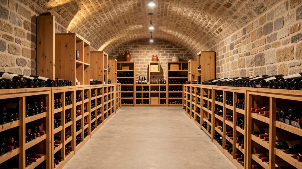 Cave à vin en pierre avec rangées de bouteilles couchées
