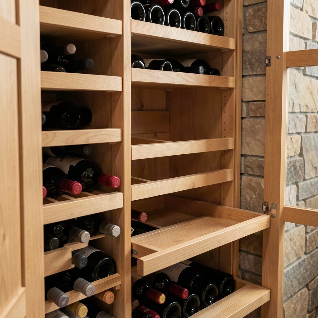 Bouteilles de vin rangées dans des casiers en bois d’une cave domestique