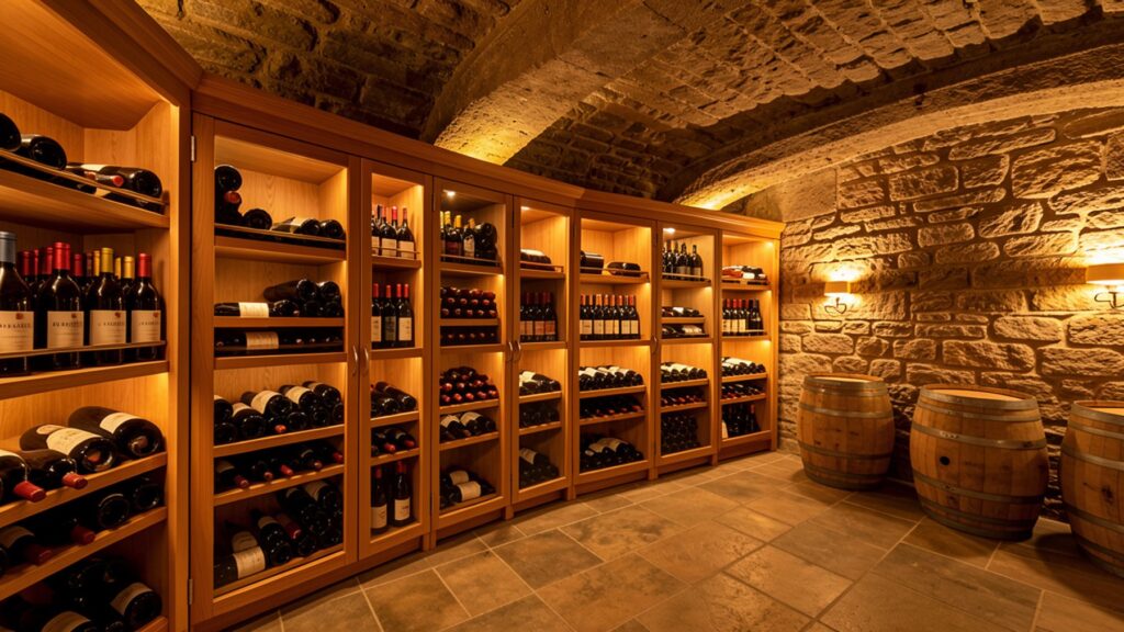 Cave à vin chaleureuse avec casiers en bois et éclairage tamisé